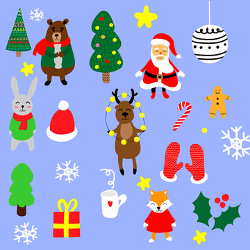 Christmas set with cartoon New Year characters. Collection of xmas elements for greeting card design. Christmas icons.