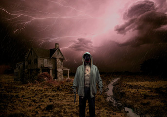 Evil Demon Zombie Ghost Monster Holding Knife In Outside Haunted House In Lightening Storm