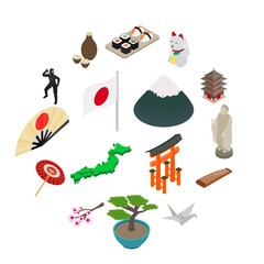 Japan isometric 3d icons set isolated on white background