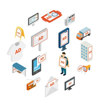 Advertisement icons set in isometric 3d style
