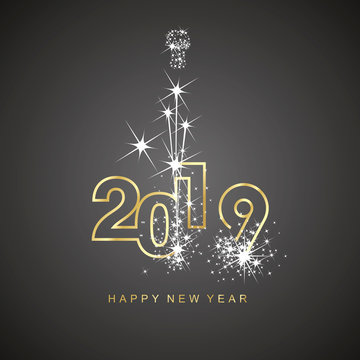 Happy New Year 2019 firework gold line design numbers black background