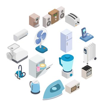 Home appliances icons in isometric 3d style isolated on white