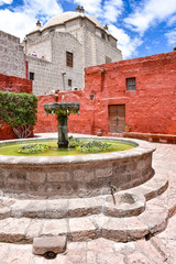 Arequipa, Peru - October 7, 2018: Fountain in an interior courtyard of the Church of Santa Catalina