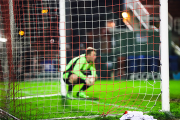 Unidentified and out of focus goalkeeper crouching down near the goal post