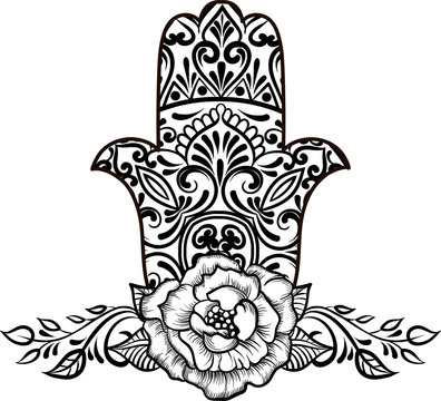 drawing of a line art Hand of Fatima Hamsa with round ethnic black and white pattern on a white background. Hand drawn tribal vector stock illustration, can be used as a coloring page