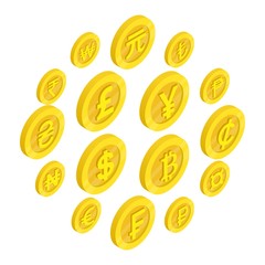 Currency icons set in isometric 3d style isolated on white