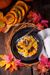 gratinated vegetarian pumpkin with barley groats, plums and thyme
