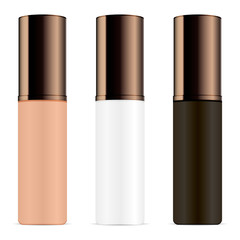 Obraz premium Set of cosmetic bottles for primer, base, highlighter, perfume. Round package design mockup template in black, white and brown colors. Jars with dark chocolate lids. Vector design containers.