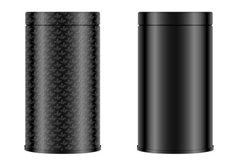 Tea packaging mockup design. Round box with and without ornament. Black Package container isolated on white background. Jar for tea, coffee, spices and other products.