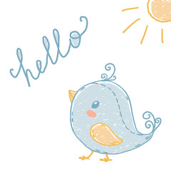 Vector hand drawn cute bird. Sketch stile card.