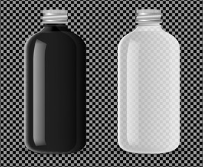 Transparent pharmacy bottles for medical liquid products, pills with Aluminum lids. Black and White glass cosmetic bottle mockup for shampoo, soap, gel. Vector illustration isolated on background.