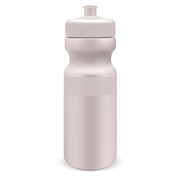 White glossy plastic water sports bottle. Photo realistic packaging mockup template. Front view. Vector 3d illustration.