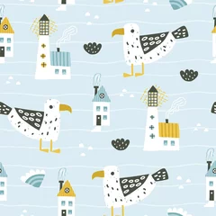 Wallpaper murals Sea waves Cute seamless sea pattern with lighthouse, gull, waves and houses.