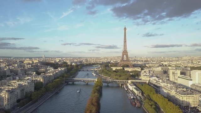 Aerial shot of Paris Eiffel Tower and Seine River