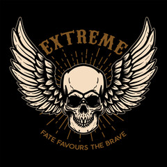 Extreme. Winged skull on black background. Design element for logo, label, emblem, sign, poster.