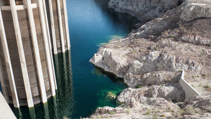 Hoover Dam on the northeast side, blue water