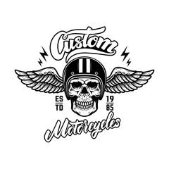 Custom motorcycles. Emblem template with skull in winged helmet. Design element for logo, label, sign, poster, t shirt.
