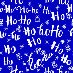 ho pattern with snowflakes. Seamless christmas pattern. Hand drawn lettering on red background