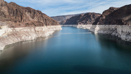 Hoover Dam looking northeast at the Colorado river with flood lines