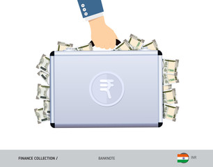 Hand holds a metal case with 500 Indian Rupee Banknotes. Flat style vector illustration. Salary payout or corruption concept.