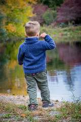 toddler boy throwing into pond during beautiful autumn foliage