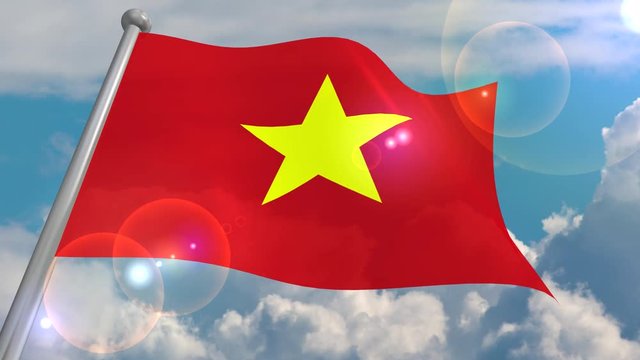The flag of the state of Vietnam develops in the wind against a blue sky with cumulus clouds and a flash on the lens from the sun. 4K video loops and decodes from a 3D program.