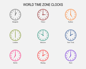 Set of analog clocks world zone time vector graphic design show the difference of time in different countries.