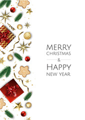 Banner with vector christmas tree branches, gold stars, christmas balls and space for text.