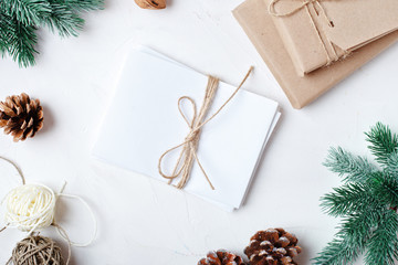 Merry Christmas and happy New year. Christmas gifts on light background. Selective focus. Top view. Christmas background.