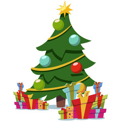Christmas cartoon tree decorated and pile of gifts boxes. Vector flat icon isolated on white background.