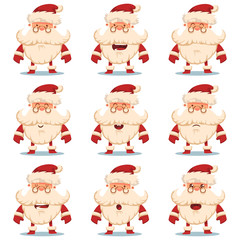 Cute Santa Claus vector cartoon character set with different emotions. Christmas decorative elements and icons isolated on white background.