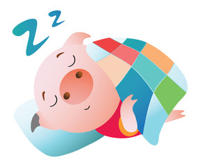 The pig hides behind the wall and peeps.  Vector illustration. Symbol of the new year 2019 Isolated on transparent background. Excellent for the design of postcards, posters, stickers etc.  