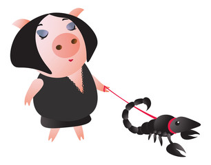 Scorpio. Zodiac symbol. A cute piggy leads a scorpion on a leash. Chinese horoscope symbol 2019. Isolated on transparent background. Excellent for the design of postcards, posters, stickers etc.