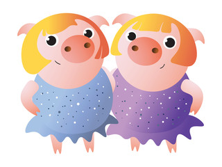 Gemini. Zodiac symbol. Piggy twin sisters in shiny dresses. Chinese horoscope symbol 2019. Isolated on transparent background. Excellent for the design of postcards, posters, stickers etc.