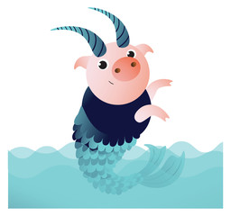 Capricorn pig with horns and fish tail. Zodiac symbol. Chinese horoscope symbol 2019. Isolated on transparent background. Excellent for the design of postcards, posters, stickers etc.
