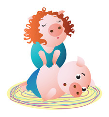 A Pig specialist makes massage to client.  Vector illustration. Symbol of the new year 2019 Isolated on transparent background. Excellent for the design of postcards, posters, stickers etc.  