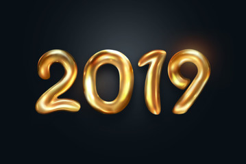 Creative background, Gold numbers Balloons on a dark background, 2019 Happy new year, Number Ball, Air Filled Balloon. New year balloon for decoration, celebration, congratulation. copy space.