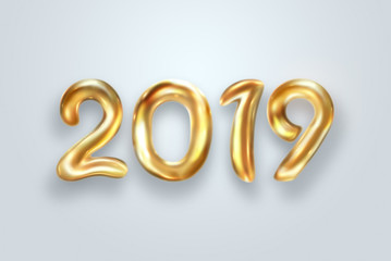 Creative background, Gold numbers Balloons on a light background, 2019 Happy new year, Number Ball, Air Filled Balloon. New year balloon for decoration, celebration, congratulation. copy space.