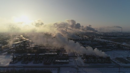 Oil factory in Winter, aerial view  