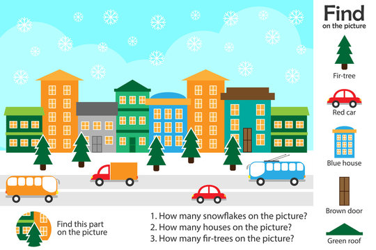 Activity page, christmas picture in cartoon style, find images and answer the questions, visual education game for the development of children, kids preschool activity, worksheet, vector illustration