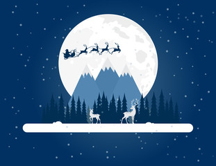 Christmas winter landscape with deer in the forest on a background of mountains. Flat vector illustration