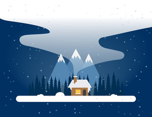 Christmas winter landscape with a house in the forest. Snowy evening village in the forest on a background of mountains. Christmas snowman. Flat vector illustration