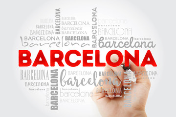Barcelona wallpaper word cloud with marker, travel concept background © dizain