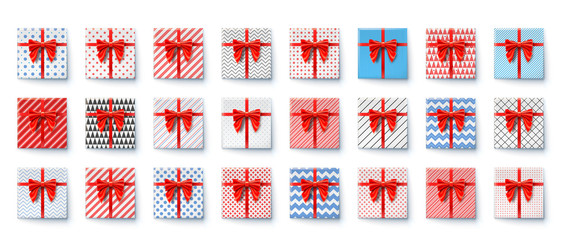 Present boxes with red ribbon and big bow isolated on white. Festive packaging for New Years, Christmas, birthdays holidays. Top view on gift boxes wrapped in paper of various colors with patterns.