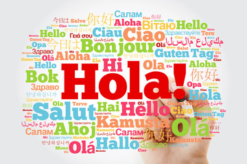 Hola! (Hello Greeting in Spanish) word cloud in different languages of the world with marker, background concept © dizain
