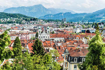Fototapeta na wymiar Aerial view of the red tiled roofs of the old town of Lucerne, Switzerland