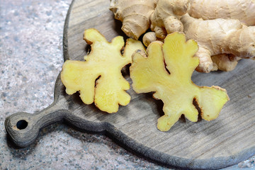 Fresh raw ginger root from China close up
