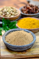 Amchoor or aamchur, mango powder, fruity spice powder made from dried unripe green mangoes in India, used to flavor foods close up