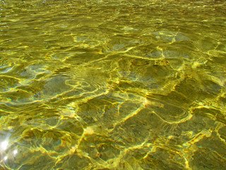Sunlight refracting through transparent water and creates sun glare on golden sand of bottom. Top view of yellow ripple texture of liquid surface and sunny shining reflections.