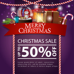 Christmas discount card with red ribbon, gifts, snow globe and antique lamp